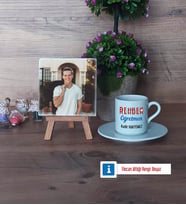 Rehber Öğretmen Fotoğraflı Dekoratif Taş, Ahşap Altlıklı Türk Kahvesi Fincanı Hediye (Model 2)