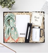 Kişiye Özel Kulplu 280 ML Çelik Termos & Defter & Gümüş Renk Detaylı Tükenmez Kalem & Fular Hediye Seti (Model 2)