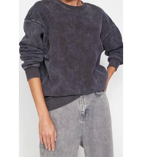 Tarz Bol Bisiklet Yaka Düşük Kol Uzun Eskitme Kalın İçi Polarlı Geniş Kalıp Örme Sweatshirt (Antrasit)