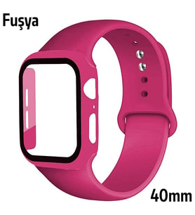 ALLY Apple Watch 4-5-6 40mm Silikon Kordon Kayış ve Ekran Koruyucu Kılıf (Fuşya)