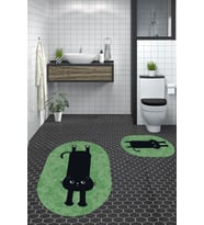 EVDEYA Dijital Baskılı Yıkanabilir Sevimli Kedi İkili Banyo Halısı Paspas Oval Klozet Takımı, OKLOZET-39-GRİ, (Yeşil)