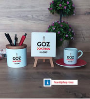 Göz Doktoru Hediye Seti Dekoratif Taş, Kalemlik, Ahşap Altlıklı Türk Kahvesi Fincanı Hediye (Model 3)