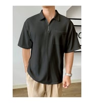 Erkek Oversize Polo Yaka Waffle T-Shirt POLOYAKA-FERMUARLI (Füme)