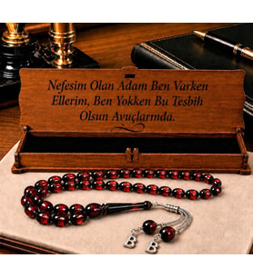 Kişiye Özel Metal Harfli Sürmeli Ateş Kehribar Tesbih (Kırmızı)