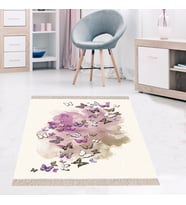 Kelebek Desenli Dijital Baskı Yıkanabilir Kaymaz Taban Vintage Salon Halı ve Yolluk (Pembe)
