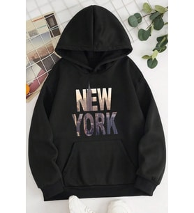 New York Baskılı Oversize Sweatshirt (Siyah)