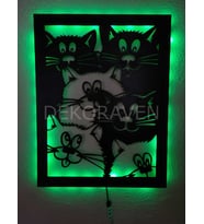Kediler Led Işıklı Tablo (Yeşil)