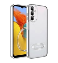 Samsung Galaxy M14 Kılıf Logo Yeri Açık Kamera Lens Korumalı Renkli Kenarlı Şeffaf Silikon (Gümüş)