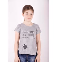 Toontoy Kız Çocuk Best Friend Baskılı Taş Detaylı Tişört ( Gri-Melanj)