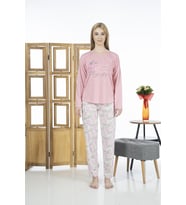 Estiva 24119 Kadın Yaprak Desenli Uzun Kollu Yazlık Viskon Pijama Takımı (Pembe)