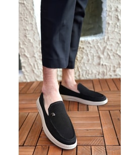 Erkek Garantili Rahat Dikişli Esnek Hakiki Deri Detaylı Triko Loafer TERRY-7992 (Siyah)