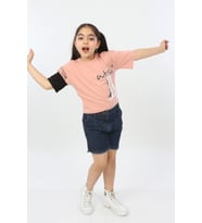 Toontoy Kız Çocuk World Baskılı Tişört (Koyu Pudra)