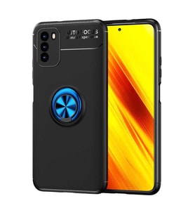 Xiaomi Redmi Note 9 4G Kılıf Yüzüklü Standlı Manyetikli Silikon (Siyah-Mavi)
