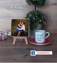 Sevgiliye Hediye Fotoğraflı Dekoratif Taş, Ahşap Altlıklı Türk Kahvesi Fincanı Hediye (Model 3)