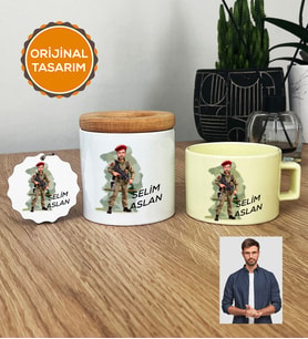 Kişiye Özel Karikatürlü Asker Hediye Seti Pastel Fincan, Kalemlik, Anahtarlık Askere Hediye Asker Sevgiliye Hediye (Sarı)