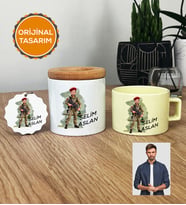 Kişiye Özel Karikatürlü Asker Hediye Seti Pastel Fincan, Kalemlik, Anahtarlık Askere Hediye Asker Sevgiliye Hediye (Sarı)