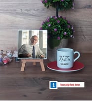 Amcaya Hediye Fotoğraflı Dekoratif Taş, Ahşap Altlıklı Türk Kahvesi Fincanı Hediye (Model 3)