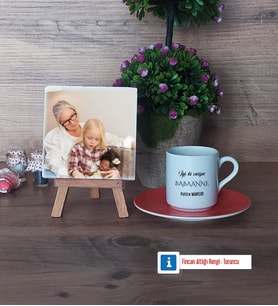 Babaanneye Hediye Fotoğraflı Dekoratif Taş, Ahşap Altlıklı Türk Kahvesi Fincanı Hediye (Model 8)