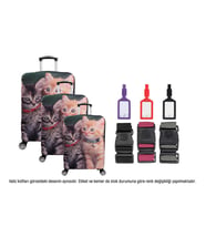 Bagacar Kalp 3lü Set Valiz Kılıfı, 3 lü Valiz Kemeri, 3lü Valiz Etiketi (Zümrüt Yeşili-Altın)