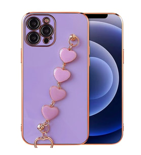 Ally iPhone 12 Pro Max 6.7inç Kılıf Kalp Bileklik Tutuculu Lüx Silikon Askılı Kılıf (Mor)