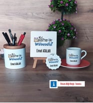 Matematik Mühendisi Hediye Seti Dekoratif Taş, Kalemlik, Ahşap Altlıklı Türk Kahvesi Fincanı, Ahşap Anahtarlık Hediye (Model 8)