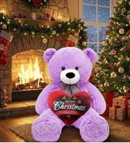 Christmas Temalı Kalp Yastık Hediyeli - Papyonlu Sevimli Peluş Şaşkın Ayı 80 cm - Sevgiliye Özel HEDİYE (Lila) - Yılbaşı Özel