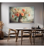 Metal Çerçeveli Yatay Cam Tablo Pastel Şakayık Çiçeği Tasarımı (Gümüş)