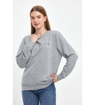 Kadın Bisiklet Yaka Rahat Kalıp 3 iplik Kalın Air Nakışlı Sweatshirt SPR24SWK33 ( Gri-Melanj)
