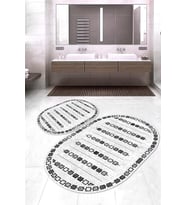 Dijital Baskılı Kaymaz Taban Yıkanabilir Oval 2'li Klozet Takımı Banyo Paspası NOKZ-SD-1011 (Beyaz)