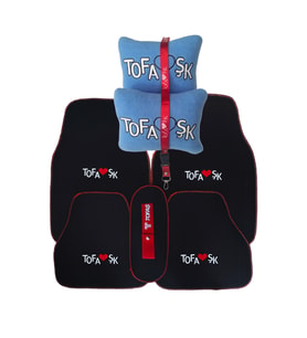 Tofaş 5 Parça Nakışlı Oto Halı Paspas / Tofaş Seyahat Boyun Yastığı & Ayna Askısı & Tampon Çeki İpi (Siyah-Mavi)