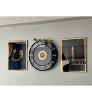 Aynalı Model 2 Li Elif-Vav Tablo ve Saat Seti (Gold)