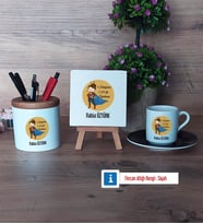 Öğretmenler Günü Hediyesi Hediye Seti Dekoratif Taş, Kalemlik, Ahşap Altlıklı Türk Kahvesi Fincanı Hediye (Model 7)