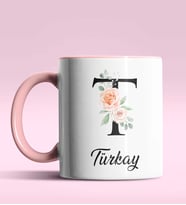 Kişiye Özel T Harfi Temalı Gül Tasarım Siyah Renk Kupa (Pembe)