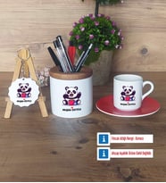 Sevimli Panda Hediye Sepeti Kalemlik, Türk Kahvesi Fincanı Kırmızı, Ahşap Anahtarlık Hediye (Model 1)