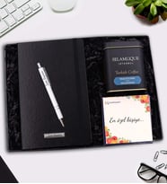 Kişiye Özel Siyah Defter & Gümüş Renk Detaylı Tükenmez Kalem & Selamlıque Türk Kahvesi Hediye Seti (Model 10)
