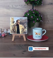 Tarih Öğretmenine Hediye Fotoğraflı Dekoratif Taş, Ahşap Altlıklı Türk Kahvesi Fincanı Hediye Öğretmenler Günü Hediyesi (Model 3)