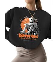 erkek 3 iplik şardonlu Bej unisex Çarpıtılmış Baskılı Sweatshirt kalın bisiklet yaka kadın (Siyah)