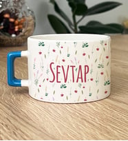 Kişiye Özel İsim Yazılı Hediye Lüks Fincan Çiçek Desenli -6- (Mavi)