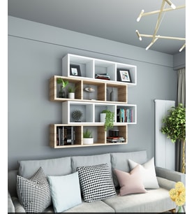 Kitaplık Modern Duvar Rafı Salon Yatay 4 Lü Takım Kırmızı Siyah (Beyaz-Gri)