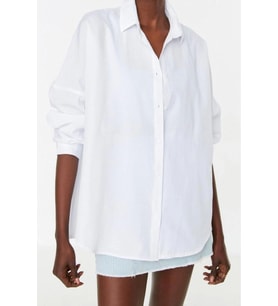 Moda Kadın Gömlek Yaka Düz Desen Günlük Pamuklu Oversize Geniş Kalıp Dokuma Gömlek (Ekru)