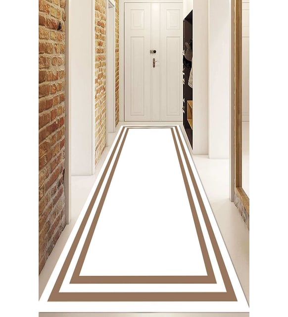 Dijital Baskılı Kaymaz Taban Yıkanabilir Modern Yolluk Ve Koridor Halısı NDU-HT-527 (Beyaz - Kahverengi)