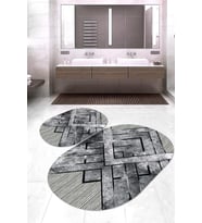 Dijital Baskılı Kaymaz Taban Yıkanabilir Oval 2'li Klozet Takımı Banyo Paspası NOKZ-SD-404 (Gümüş)