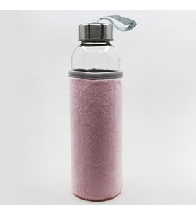 Peluş Kılıflı Cam Su Şişesi 500 ml (Pembe)
