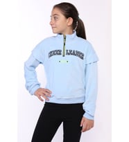 Toontoy Kız Çocuk Fermuar Detaylı Nakışlı Kadife Sweatshirt (Mavi)