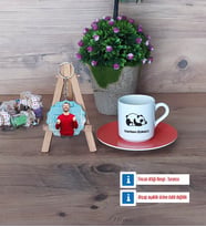 Uykucu Panda Türk Kahvesi Fincanı Ahşap Altlıklı ve Fotoğraflı Ahşap Anahtarlık Hediye (Model 8)