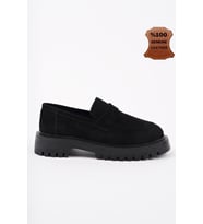 Muggo PARADİSE Hakiki Deri Kalın Taban Günlük Casual Makosen Kadın Loafer Ayakkabı (Siyah-Siyah)
