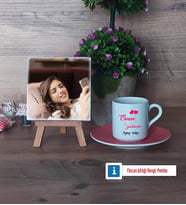 Öğretmene Hediye Fotoğraflı Dekoratif Taş, Ahşap Altlıklı Türk Kahvesi Fincanı Hediye Öğretmenler Günü Hediyesi (Model 6)