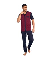 Kly Jakarlı Kısa Kol Önden Düğmeli Gömlek Erkek Pijama Takım (Bordo)