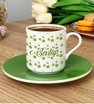 Kişiye Özel İsim Yazılı Türk Kahvesi Fincanı Çiçek Desenli -7- (Yeşil)