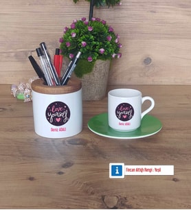 Love Yourself Hediyeleri Türk Kahvesi Fincanı Kırmızı, Kalemlik Kişiye Özel Hediye (Model 7)